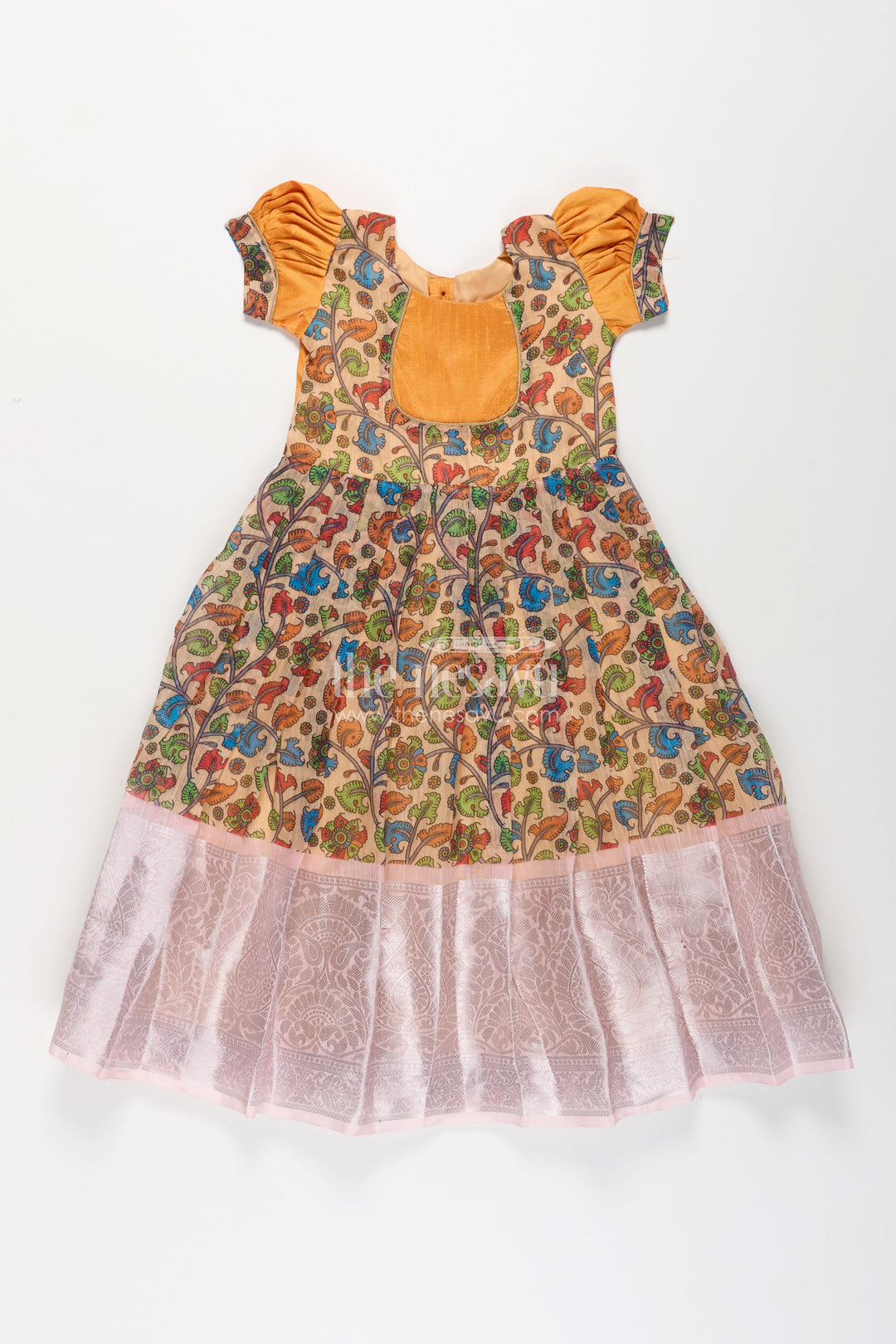 The Nesavu Girls Silk Gown ArchiveGirls Chanderi Cotton Yellow Long Gown with Raw Silk Yoke and Elegant Pink Border Pleated Skirt Nesavu Nesavu Yellow Long Gown Girls Chanderi Cotton Pink Border Raw Silk Yoke