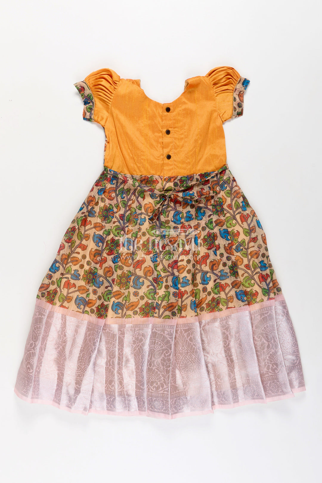 The Nesavu Girls Silk Gown ArchiveGirls Chanderi Cotton Yellow Long Gown with Raw Silk Yoke and Elegant Pink Border Pleated Skirt Nesavu Nesavu Yellow Long Gown Girls Chanderi Cotton Pink Border Raw Silk Yoke