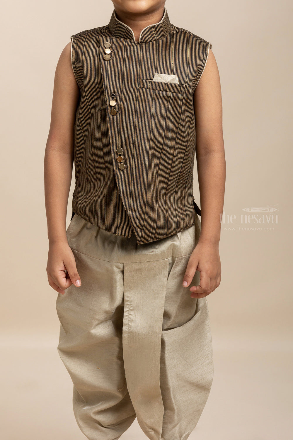 The Nesavu Boys Dothi Set Ash Grey Designer Side Buttoned Kurta Suit For Boy Kids Nesavu Grey Silk Cotton Kurta For Boys | Kids Wear Ethnic Ideas Online | The Nesavu
