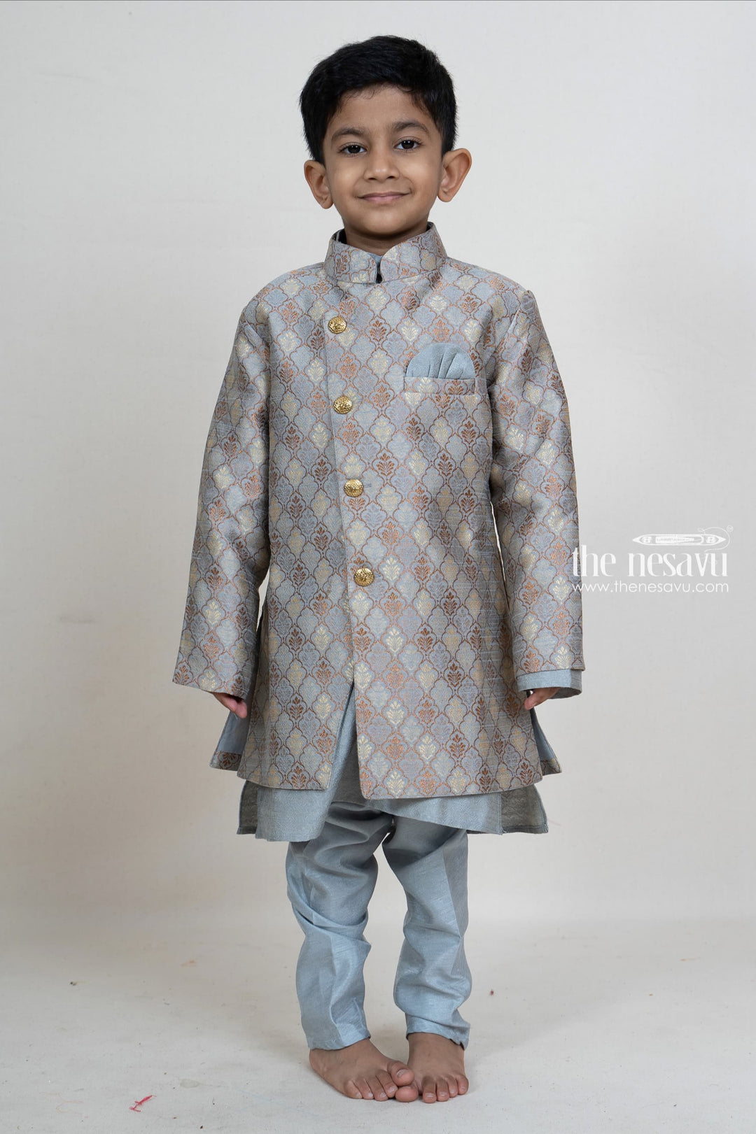 The Nesavu Boys Jacket Sets Ash Grey Party Wear Kurta Attached Pant And Brocade Overcoat For Boys Nesavu 16 (1Y) / Gray / Silk Blend BES214B-16 Indian Traditional Ethnic Kurta For Boys | Dhoti Pant Dresses Online | The Nesavu