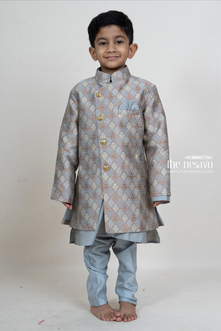 The Nesavu Boys Jacket Sets Ash Grey Party Wear Kurta Attached Pant And Brocade Overcoat For Boys Nesavu 16 (1Y) / Gray / Silk Blend BES214B-16 Indian Traditional Ethnic Kurta For Boys | Dhoti Pant Dresses Online | The Nesavu