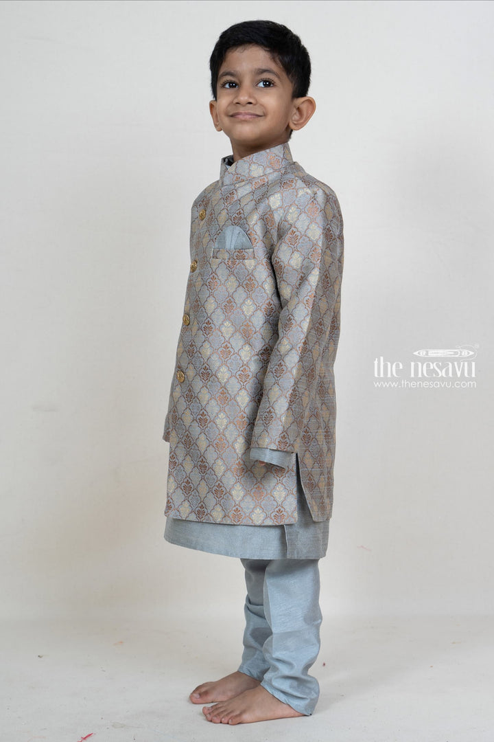 The Nesavu Boys Jacket Sets Ash Grey Party Wear Kurta Attached Pant And Brocade Overcoat For Boys Nesavu Indian Traditional Ethnic Kurta For Boys | Dhoti Pant Dresses Online | The Nesavu