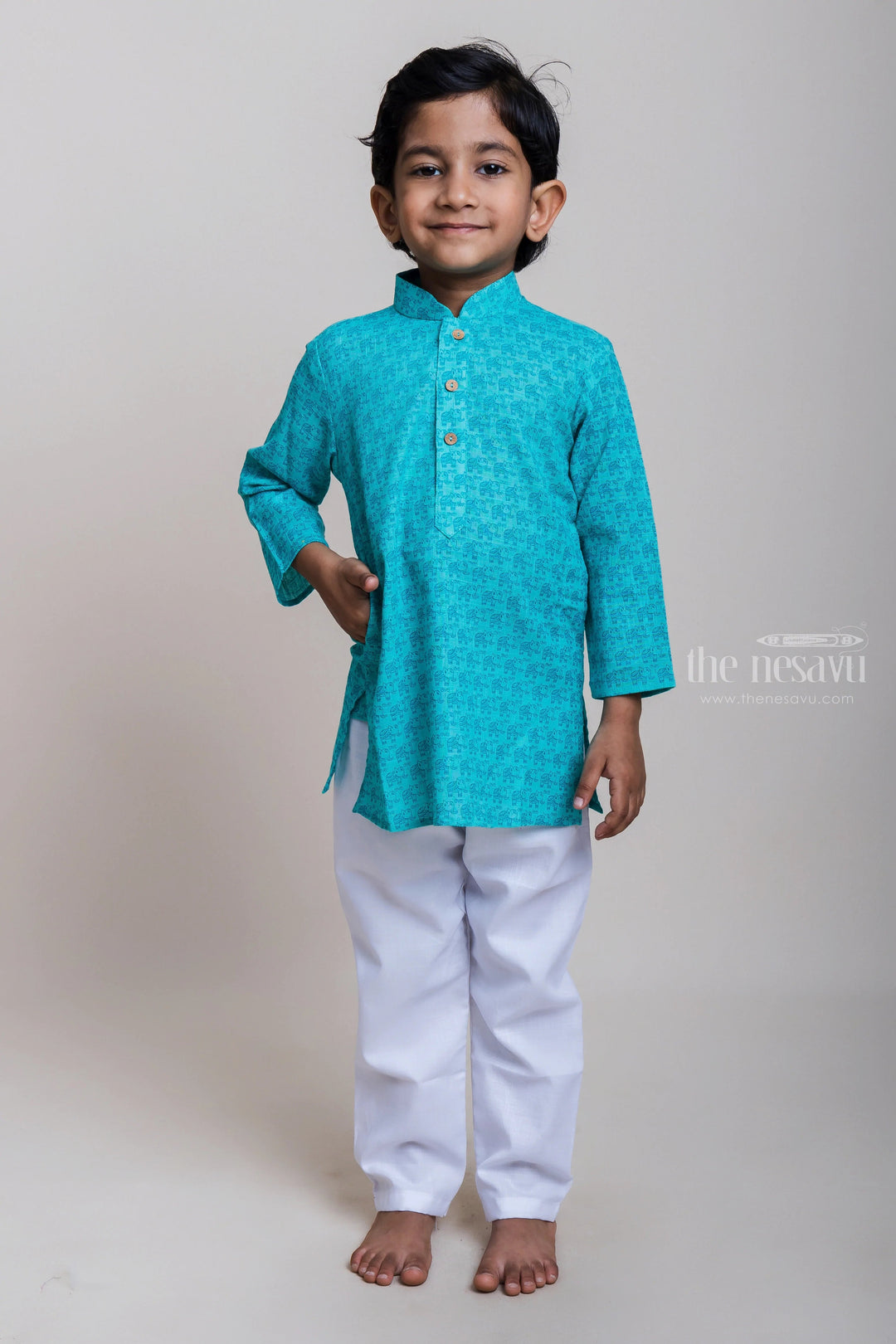 The Nesavu Boys Kurtha Set Attention-Grabbing Teal Green Full Hand Kurta And White Pant For Boys Nesavu 12 (3M) / Turquoise / Cotton BES211B-12 Trendy Daily Wear Kurta And Pant For Boys| Fresh Collection| The Nesavu