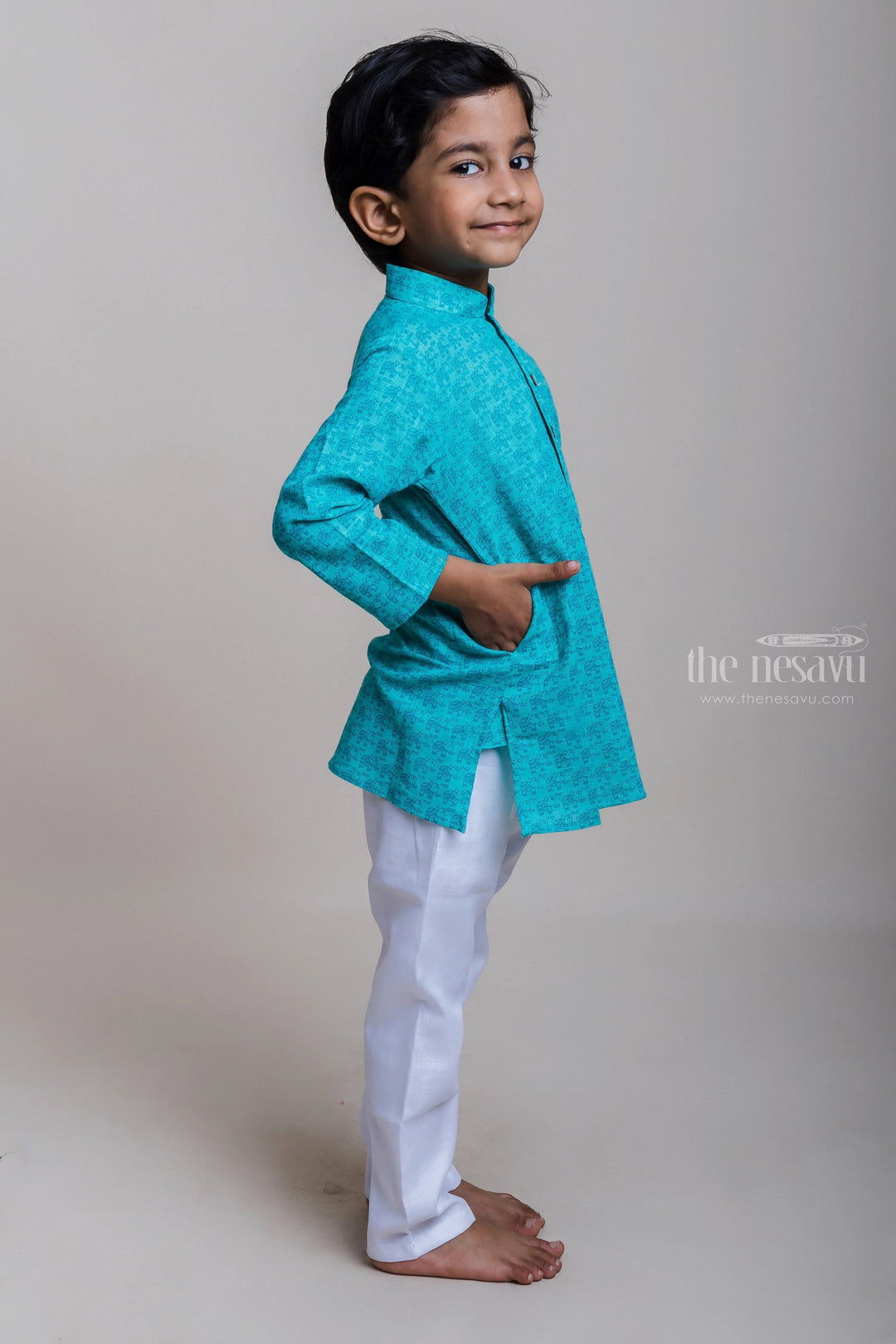 The Nesavu Boys Kurtha Set Attention-Grabbing Teal Green Full Hand Kurta And White Pant For Boys Nesavu Trendy Daily Wear Kurta And Pant For Boys| Fresh Collection| The Nesavu