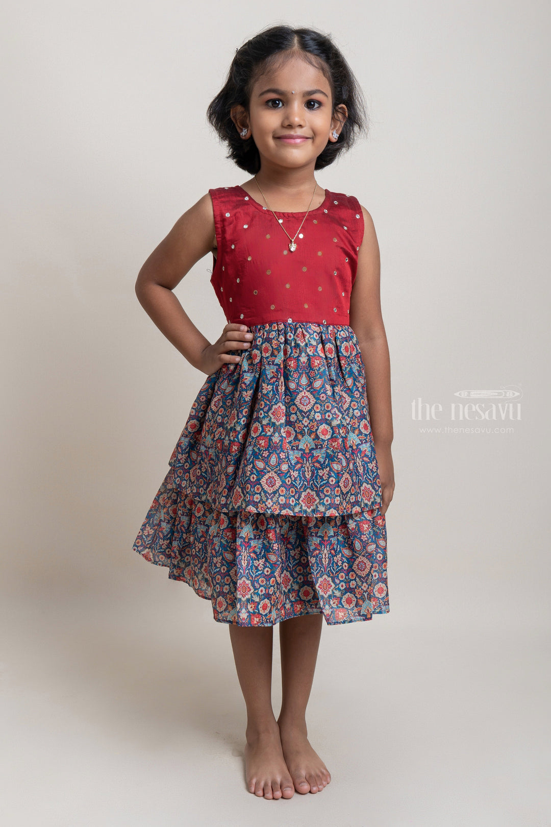 The Nesavu Girls Fancy Frock Attractive Blue And Red Floral Printed Sleeveless Frock For Girls Nesavu 14 (6M) / multicolor / Chanderi GFC1010A Pretty Blue Printed Frock For Girls | Trendy Girls Frock | The Nesavu