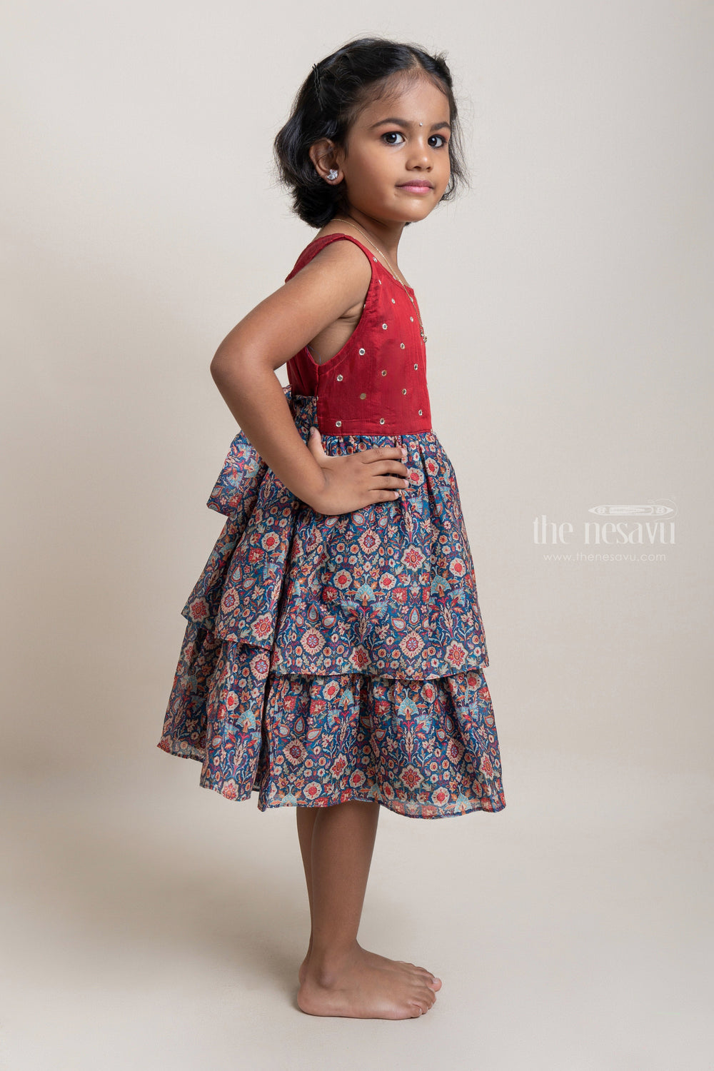 The Nesavu Girls Fancy Frock Attractive Blue And Red Floral Printed Sleeveless Frock For Girls Nesavu Pretty Blue Printed Frock For Girls | Trendy Girls Frock | The Nesavu