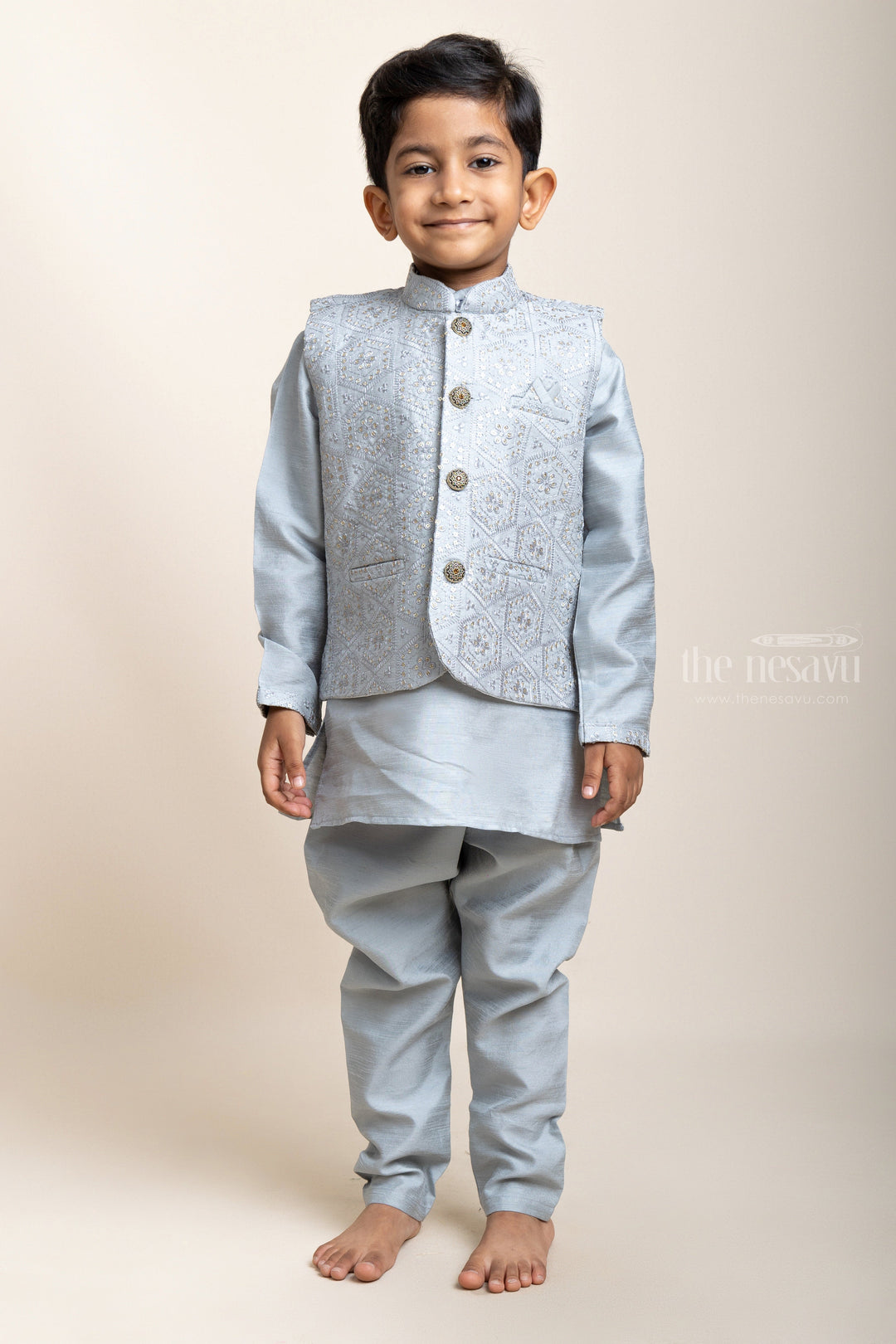 The Nesavu Boys Jacket Sets Attractive Grey Kurta Set With Embellished Overcoat For Baby Boys psr silks Nesavu 16 (1Y) / Gray / Silk Blend BES264A