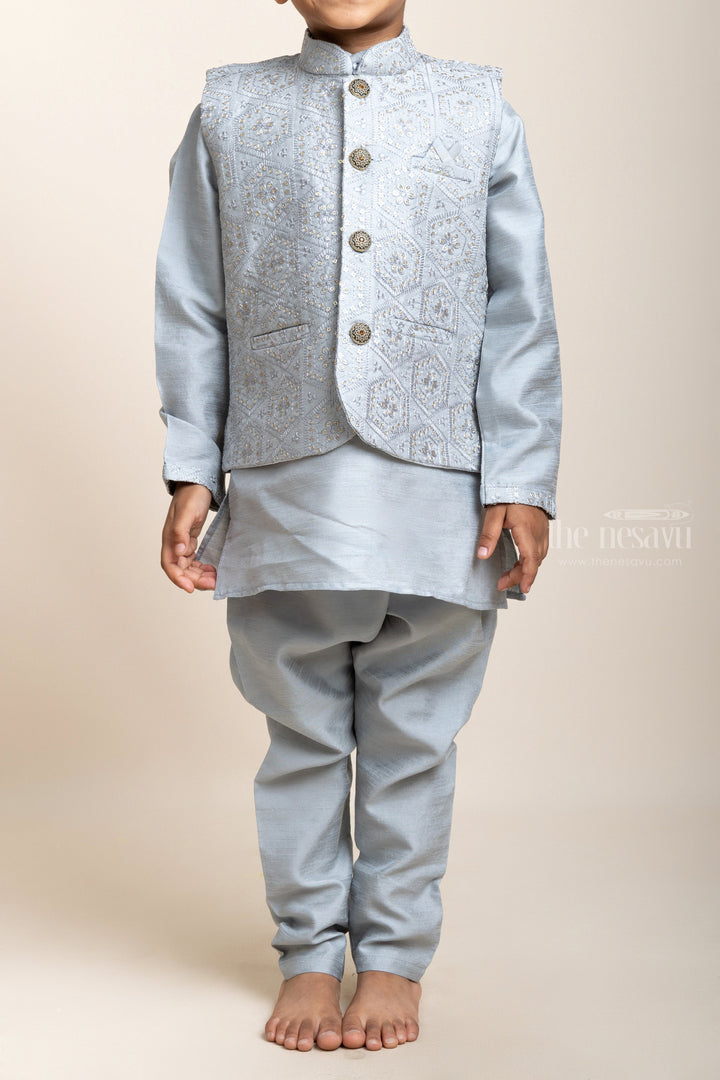 The Nesavu Boys Jacket Sets Attractive Grey Kurta Set With Embellished Overcoat For Baby Boys psr silks Nesavu