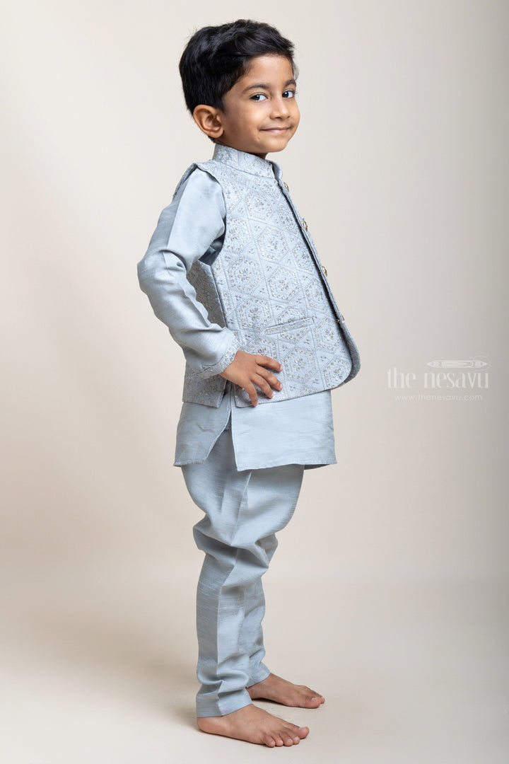 The Nesavu Boys Jacket Sets Attractive Grey Kurta Set With Embellished Overcoat For Baby Boys psr silks Nesavu