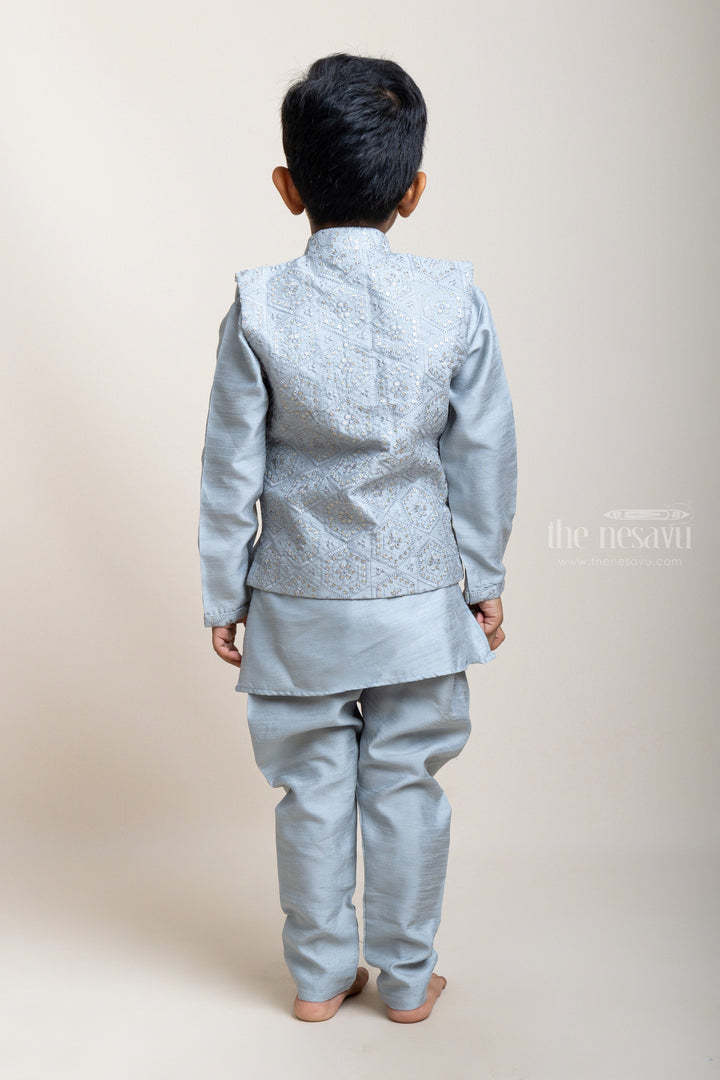 The Nesavu Boys Jacket Sets Attractive Grey Kurta Set With Embellished Overcoat For Baby Boys psr silks Nesavu