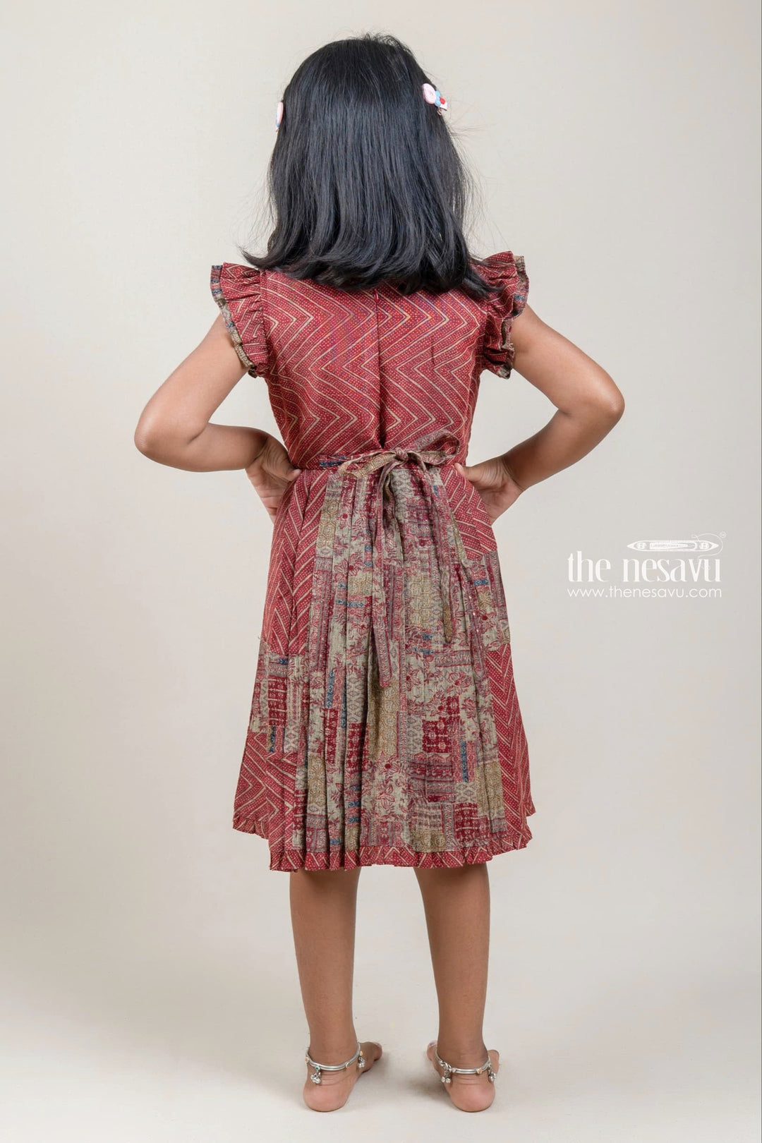 The Nesavu Girls Cotton Frock Attractive Orangered Floral And Zig-Zag Printed Casual Cotton Frock For Girls Nesavu Cute Cotton Dress For Girls | Floral Printed Cotton Frock | The Nesavu