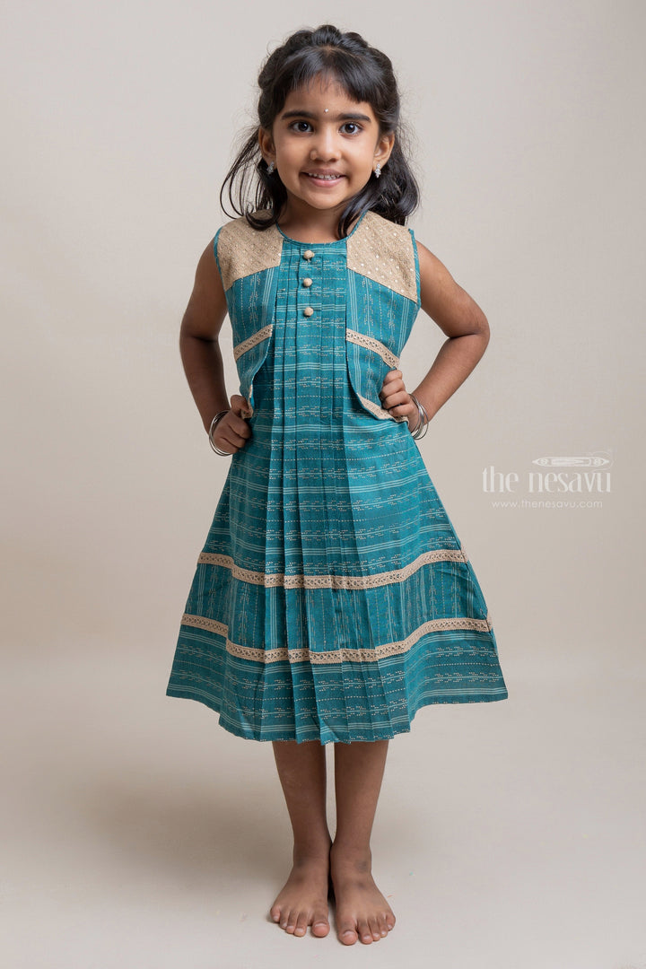 The Nesavu Girls Cotton Frock Attractive Peacock Blue Geometric Printed Cotton Frock For Girls Nesavu 16 (1Y) / Blue / Cotton GFC990-16 Fabulous Girls Cotton Frocks | Trendy Cotton Wear For Girls | The Nesavu