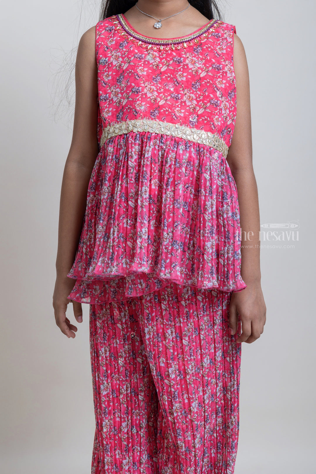 The Nesavu Girls Sharara / Plazo Set Attractive Pink Floral All Over Printed Tunic Top And Palazzo Suit For girls Nesavu Trendy Pink Palazzo Suit Set for Girls | New Fashion Dresses | The Nesavu