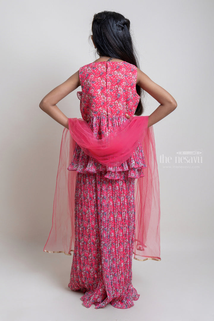 The Nesavu Girls Sharara / Plazo Set Attractive Pink Floral All Over Printed Tunic Top And Palazzo Suit For girls Nesavu Trendy Pink Palazzo Suit Set for Girls | New Fashion Dresses | The Nesavu