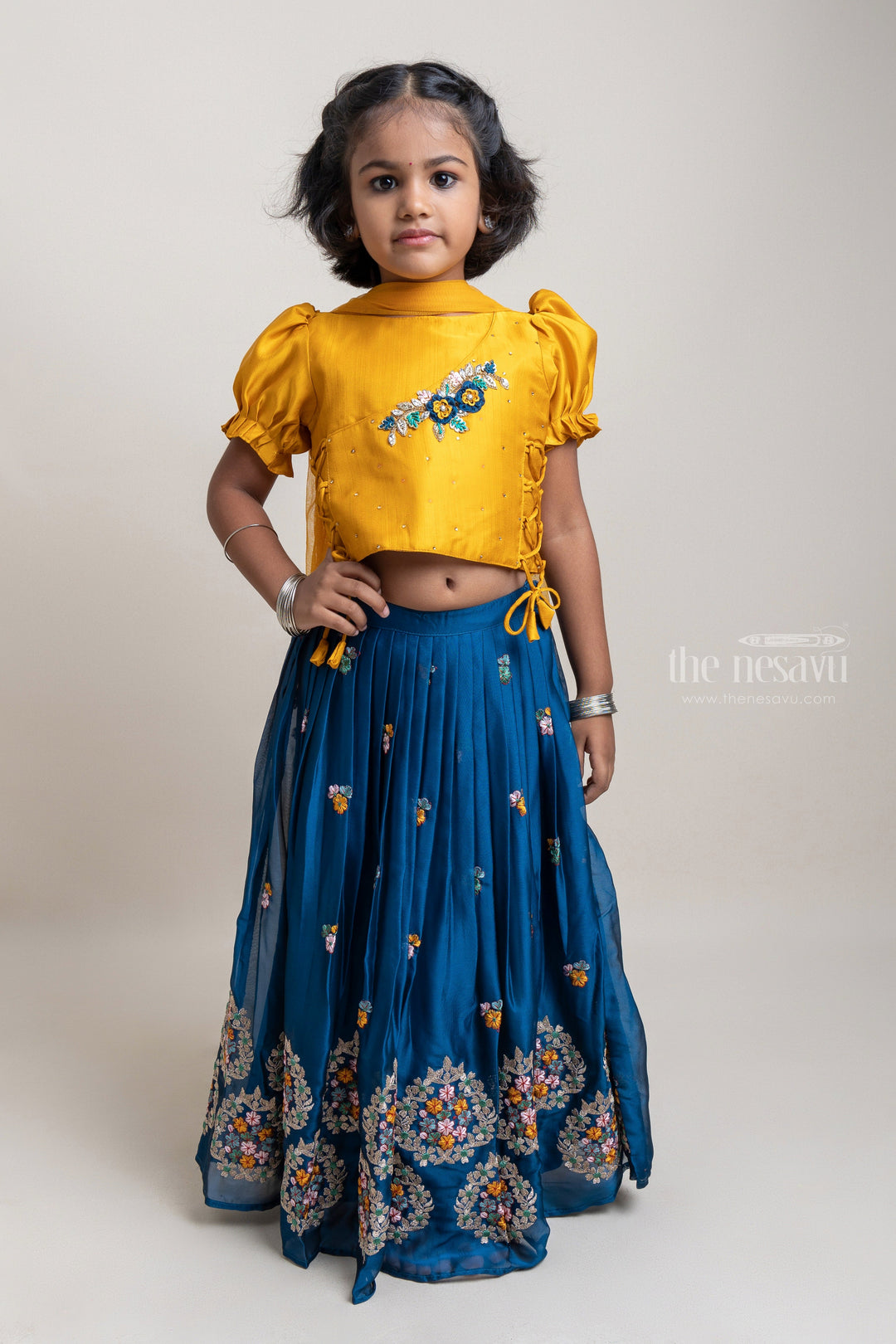 The Nesavu Lehenga & Ghagra Attractive Pleated Sleeve Golden yellow Choli With Floral Embroidery Navy Blue Lehenga Nesavu 16 (1Y) / Blue / Poly Silk GL322-16 Elegant Design Lehanga Set Online | Latest Trendy Wear | The Nesavu