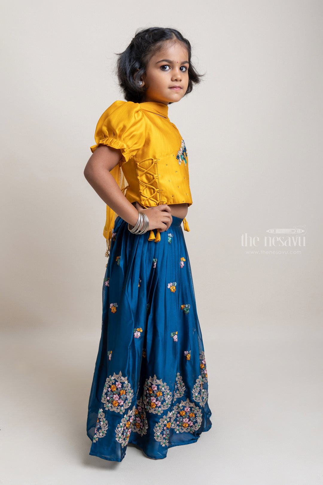 The Nesavu Lehenga & Ghagra Attractive Pleated Sleeve Golden yellow Choli With Floral Embroidery Navy Blue Lehenga Nesavu Elegant Design Lehanga Set Online | Latest Trendy Wear | The Nesavu