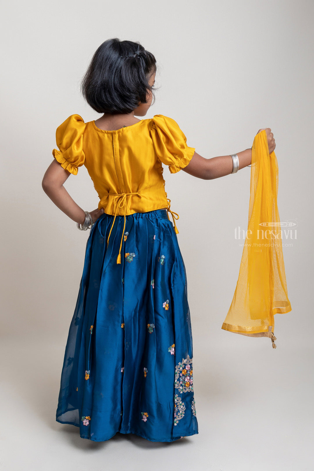 The Nesavu Lehenga & Ghagra Attractive Pleated Sleeve Golden yellow Choli With Floral Embroidery Navy Blue Lehenga Nesavu Elegant Design Lehanga Set Online | Latest Trendy Wear | The Nesavu