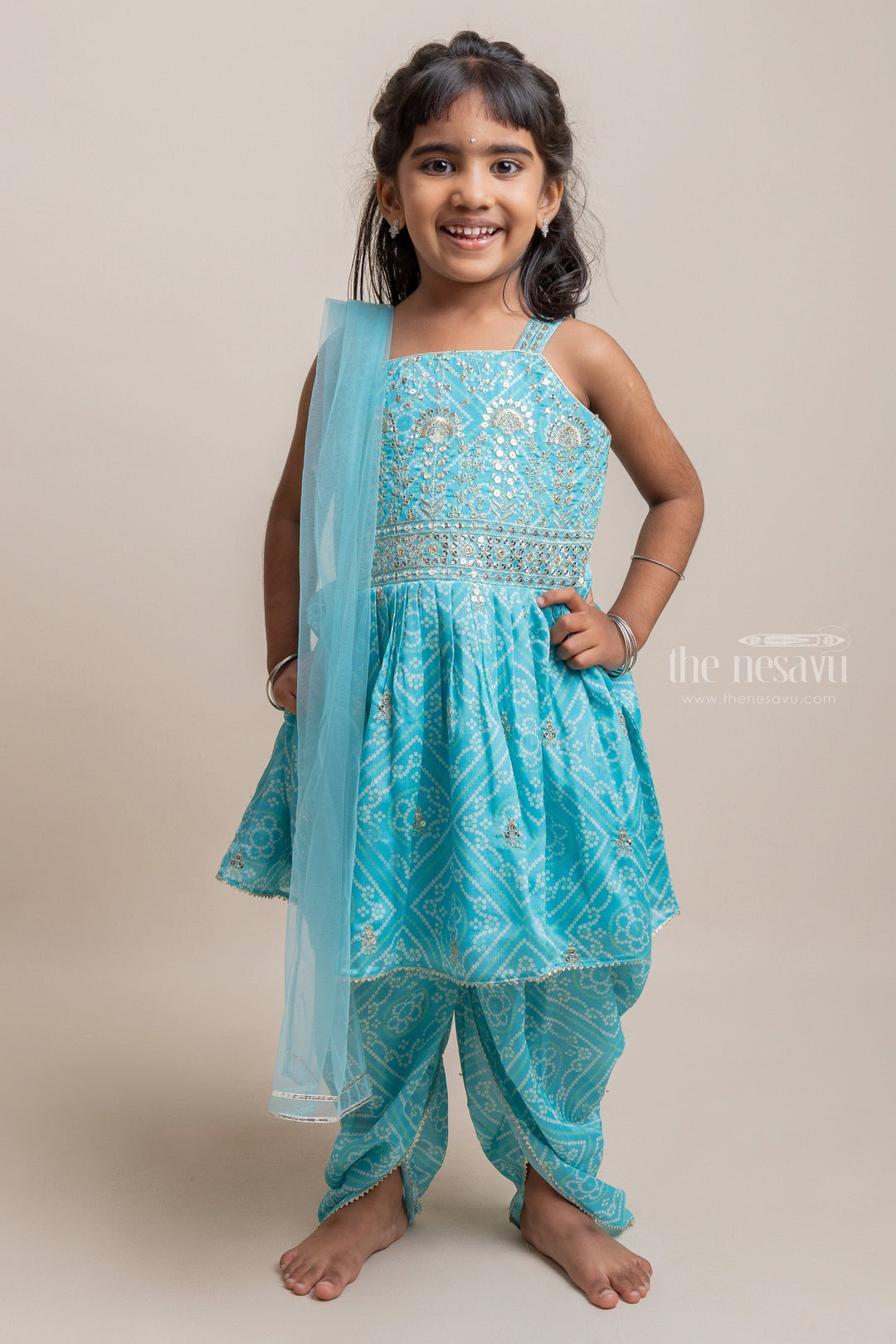 The Nesavu Girls Dothi Sets Attractive Turquise Blue Floral Printed Sequin Embroidered Palazzo Suit For Girls Nesavu 16 (1Y) / Turquoise GPS135A Attractive Blue Floral Printed Palazzo Suit For Girls | Premium Girls Dress | The Nesavu