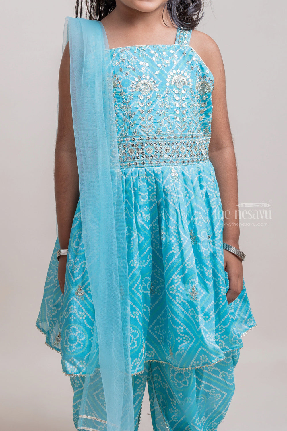 The Nesavu Girls Dothi Sets Attractive Turquise Blue Floral Printed Sequin Embroidered Palazzo Suit For Girls Nesavu Attractive Blue Floral Printed Palazzo Suit For Girls | Premium Girls Dress | The Nesavu