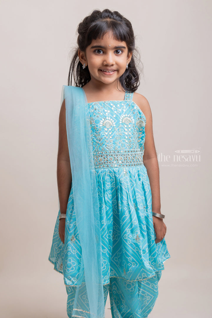 The Nesavu Girls Dothi Sets Attractive Turquise Blue Floral Printed Sequin Embroidered Palazzo Suit For Girls Nesavu Attractive Blue Floral Printed Palazzo Suit For Girls | Premium Girls Dress | The Nesavu