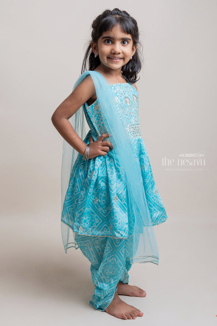 The Nesavu Girls Dothi Sets Attractive Turquise Blue Floral Printed Sequin Embroidered Palazzo Suit For Girls Nesavu Attractive Blue Floral Printed Palazzo Suit For Girls | Premium Girls Dress | The Nesavu