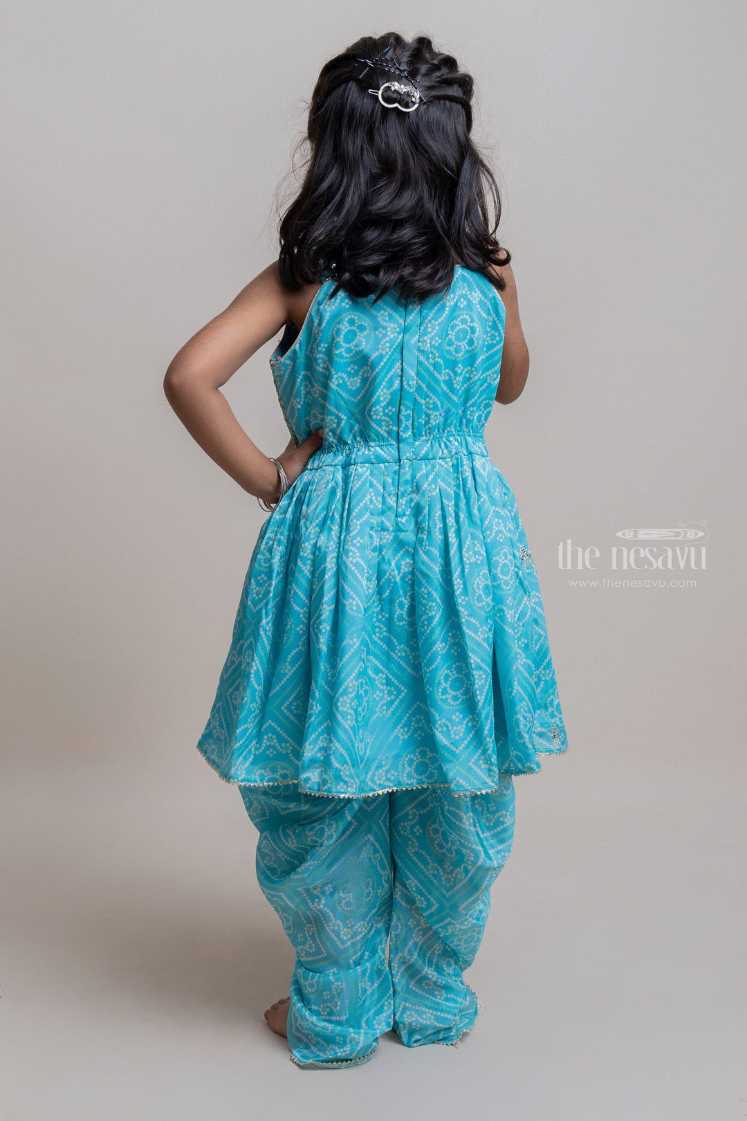 The Nesavu Girls Dothi Sets Attractive Turquise Blue Floral Printed Sequin Embroidered Palazzo Suit For Girls Nesavu Attractive Blue Floral Printed Palazzo Suit For Girls | Premium Girls Dress | The Nesavu