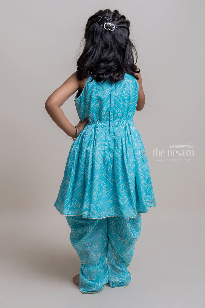 The Nesavu Girls Dothi Sets Attractive Turquise Blue Floral Printed Sequin Embroidered Palazzo Suit For Girls Nesavu Attractive Blue Floral Printed Palazzo Suit For Girls | Premium Girls Dress | The Nesavu