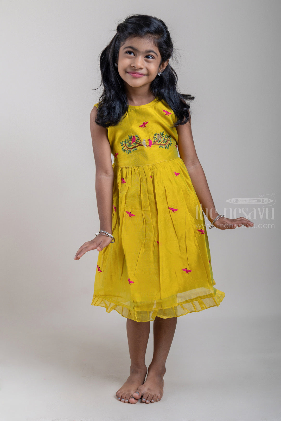 The Nesavu Girls Fancy Frock Attractive Yellow Bird Embroidered Sleeveless Casual Frock For Girls psr silks Nesavu 16 (1Y) / Yellow / Chanderi GFC1049A