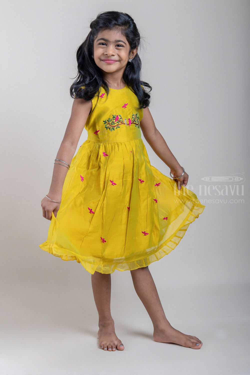 The Nesavu Girls Fancy Frock Attractive Yellow Bird Embroidered Sleeveless Casual Frock For Girls psr silks Nesavu