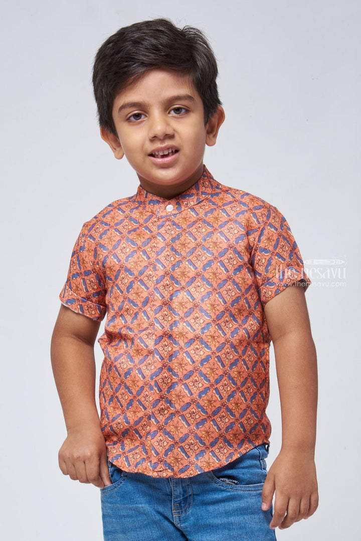 The Nesavu Boys Linen Shirt Authentic Ajrakh Hand Block Print Boys' Shirt: Celebrate Indian Heritage in Style Nesavu 14 (6M) / Orange / Linen BS063-14 Hand Block Printed Shirt for Boys | Boys Casual Wear | The Nesavu