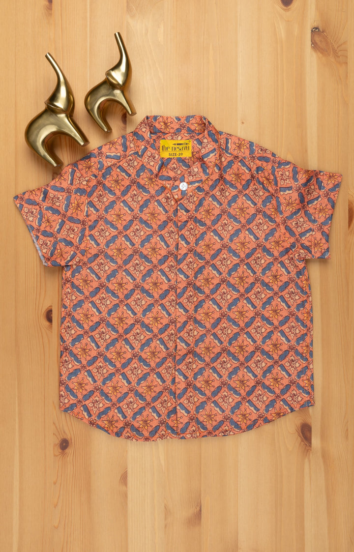 The Nesavu Boys Linen Shirt Authentic Ajrakh Hand Block Print Boys' Shirt: Celebrate Indian Heritage in Style Nesavu 14 (6M) / Orange / Linen BS063 Hand Block Printed Shirt for Boys | Boys Casual Wear | The Nesavu