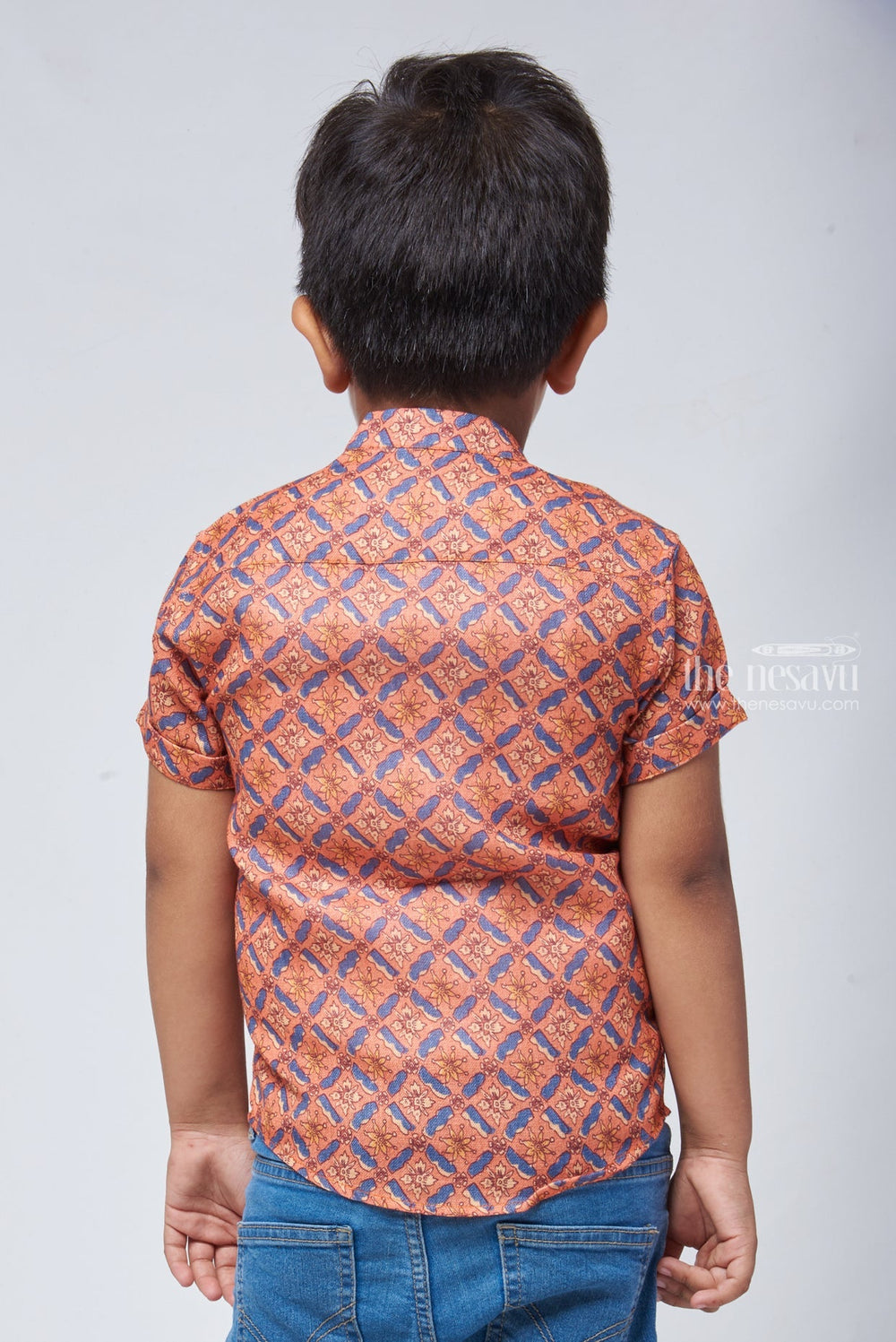 The Nesavu Boys Linen Shirt Authentic Ajrakh Hand Block Print Boys' Shirt: Celebrate Indian Heritage in Style Nesavu Hand Block Printed Shirt for Boys | Boys Casual Wear | The Nesavu
