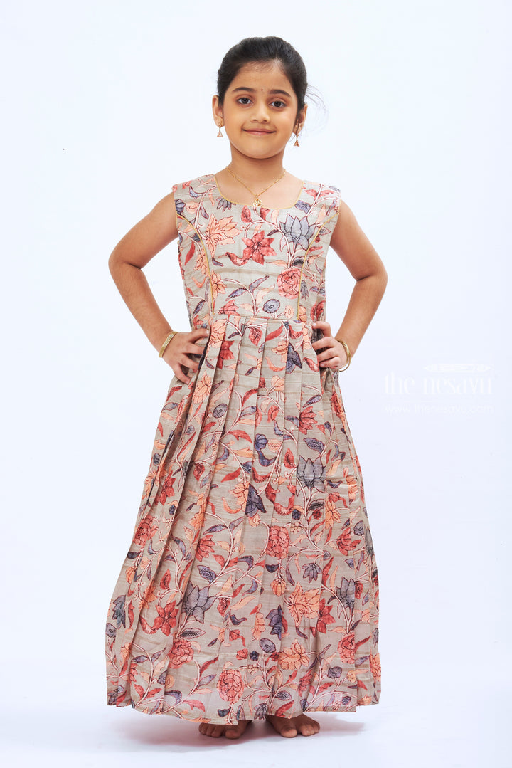 The Nesavu Girls Silk Gown Autumn Blossom: Girls' Blend Silk Full-Length Anarkali Gown with Kalamkari Printed Design Nesavu Blend Silk Anarkali Gowns | Kalamkari Printed Overcoat Anarkali | The Nesavu