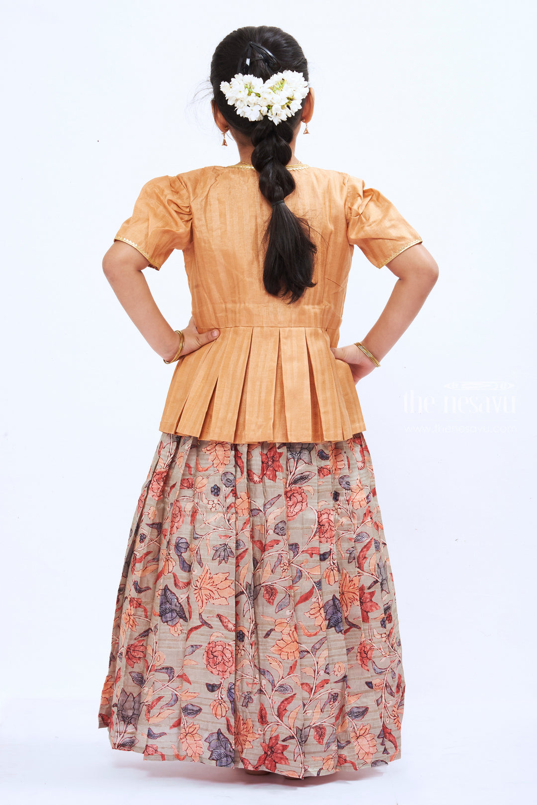 The Nesavu Girls Silk Gown Autumn Blossom: Girls' Blend Silk Full-Length Anarkali Gown with Kalamkari Printed Design Nesavu Blend Silk Anarkali Gowns | Kalamkari Printed Overcoat Anarkali | The Nesavu