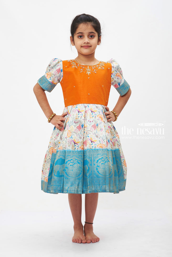 The Nesavu Silk Party Frock Autumn Ember Silk Frock with Floral Bloom Skirt for Girls Nesavu 16 (1Y) / Orange SF731A-16 Girls Ember Orange Floral Silk Frock | Traditional Banarasi Border Dress | The Nesavu