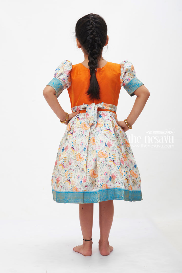 The Nesavu Silk Party Frock Autumn Ember Silk Frock with Floral Bloom Skirt for Girls Nesavu Girls Ember Orange Floral Silk Frock | Traditional Banarasi Border Dress | The Nesavu