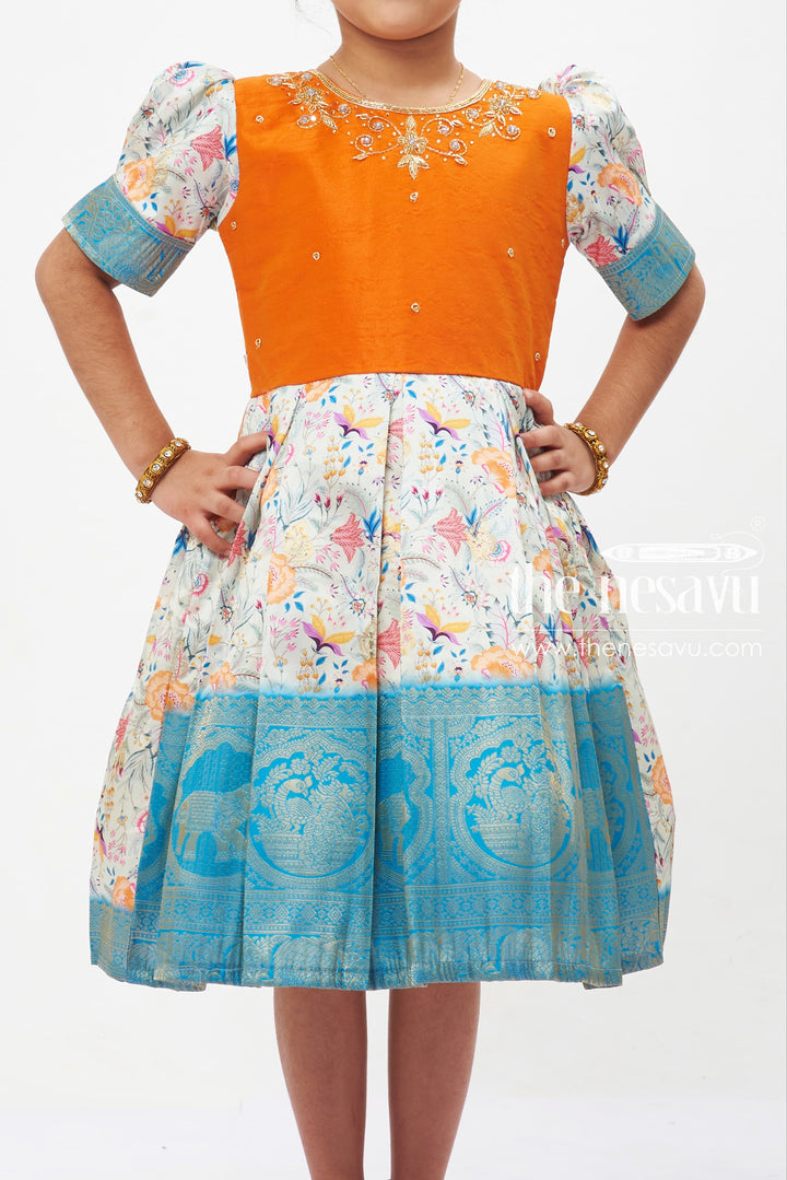 The Nesavu Silk Party Frock Autumn Ember Silk Frock with Floral Bloom Skirt for Girls Nesavu Girls Ember Orange Floral Silk Frock | Traditional Banarasi Border Dress | The Nesavu