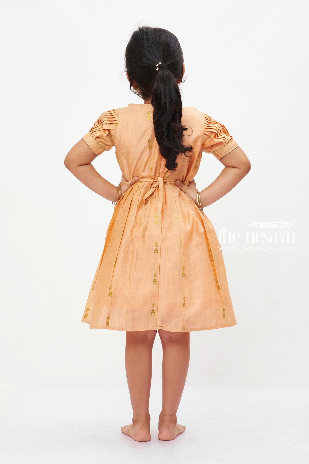 The Nesavu Girls Cotton Frock Autumn Glow Puff Sleeve Dress: Girls' Copper-Toned Frock with Gleaming Accents Nesavu Girls Copper-Toned Harvest Dress with Puff Sleeves | Golden Motif Party Wear | The Nesavu