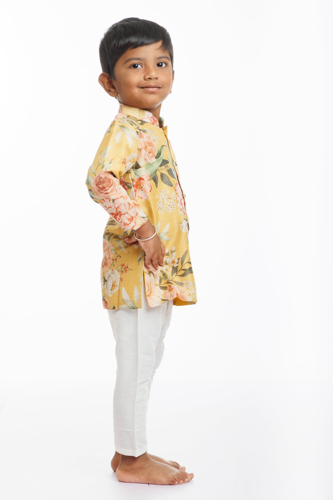 The Nesavu Boys Kurtha Set Autumn Gold Boys Kurta Set with White Pants - Tradition Meets Trend Nesavu Boys Mustard Floral Kurta Set | Elegant Festive Wear for Kids | The Nesavu