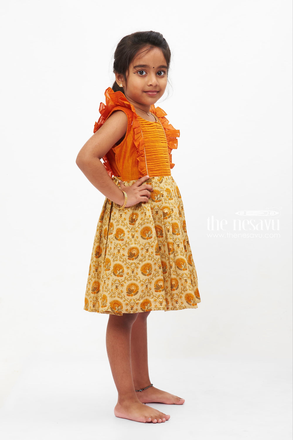 The Nesavu Baby Cotton Frocks Autumn Orange Pleated Frock with Beige Paisley Print for Girls Nesavu Girls Orange Paisley Pleated Cotton Dress | The Nesavu