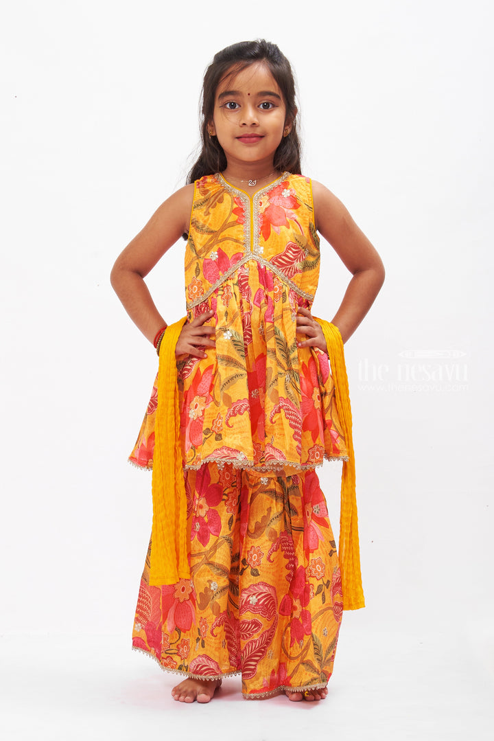 The Nesavu Girls Sharara / Plazo Set Autumnal Bloom Sequined Gharara Set with Matching Dupatta for Girls Nesavu 16 (1Y) / Yellow GPS258A-16 Girls Golden Floral Gharara Set with Sequins | Festive Ethnic Outfit Online | The Nesavu