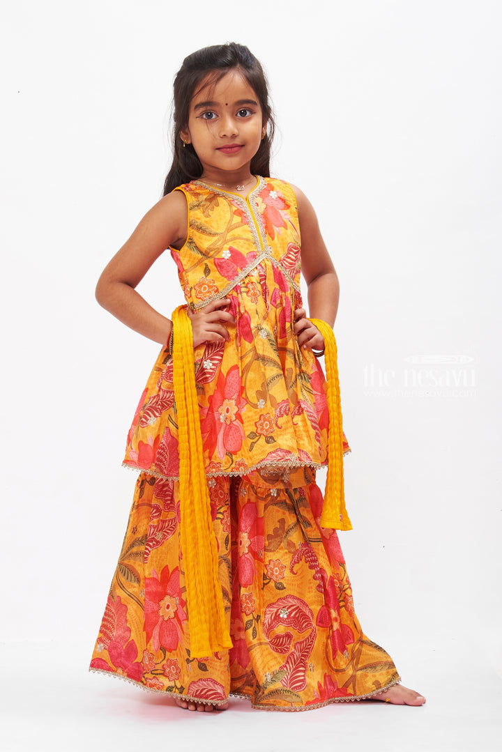 The Nesavu Girls Sharara / Plazo Set Autumnal Bloom Sequined Gharara Set with Matching Dupatta for Girls Nesavu Girls Golden Floral Gharara Set with Sequins | Festive Ethnic Outfit Online | The Nesavu