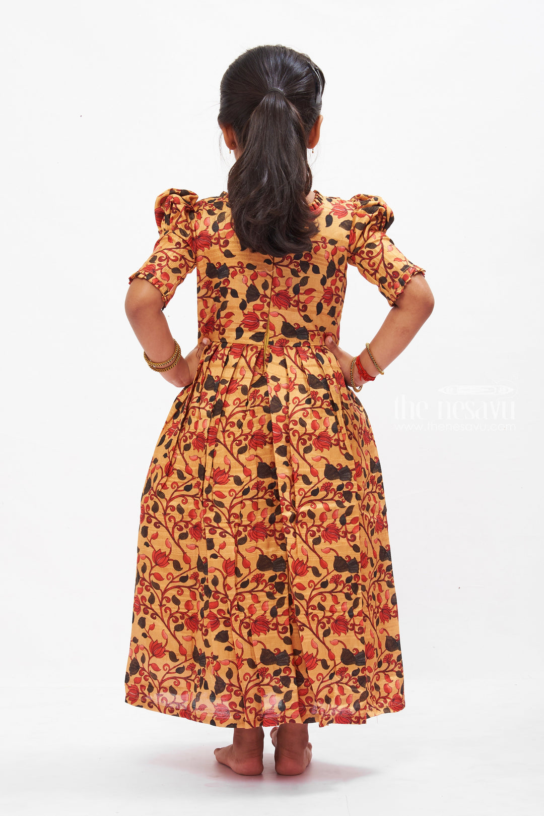 The Nesavu Girls Silk Gown Autumnal Elegance Pleated Anarkali Gown for Girls Nesavu Girls Yellow Botanical Print Anarkali Gown | Festive Ruffled Dress for Kids | The Nesavu