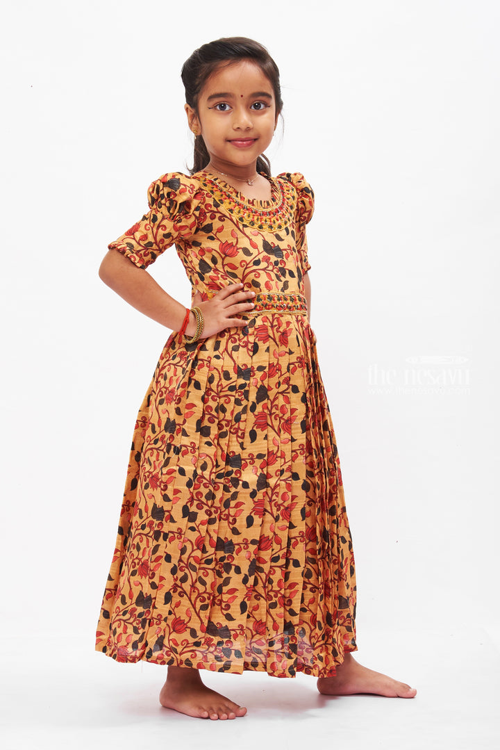 The Nesavu Girls Silk Gown Autumnal Elegance Pleated Anarkali Gown for Girls Nesavu Girls Yellow Botanical Print Anarkali Gown | Festive Ruffled Dress for Kids | The Nesavu