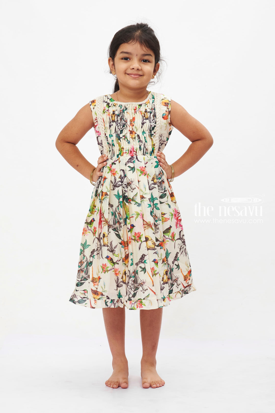 Girls White Tropical Bird Print Dress The Nesavu – The Nesavu