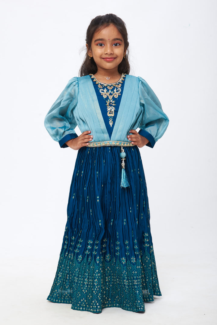 The Nesavu Girls Lehenga Choli Azure Allure: Girls Teal Blue Pleated Gown with Crystal-Studded Blouse Nesavu 16 (1Y) / Blue / Georgette GL380B-16 Captivating Charm for Festive Moments | Girls Lehenga Choli with Dupatta | The Nesavu