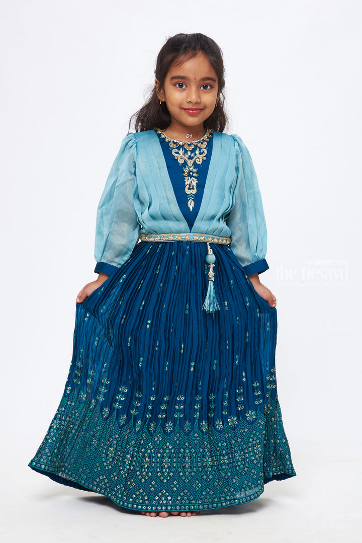 The Nesavu Girls Lehenga Choli Azure Allure: Girls Teal Blue Pleated Gown with Crystal-Studded Blouse Nesavu Captivating Charm for Festive Moments | Girls Lehenga Choli with Dupatta | The Nesavu