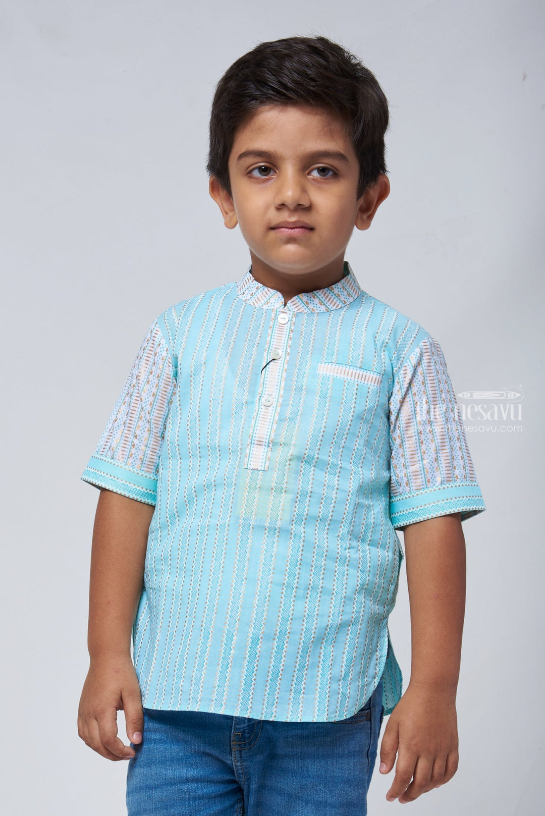The Nesavu Boys Linen Shirt Azure Artistry: Boys Blue Shirt with Intricate Ikat Patterns, Mandarin Collar Nesavu 12 (3M) / Blue BS077A-12 Ikat Printed Boys Shirt | Premium Linen Shirt Online | The Nesavu