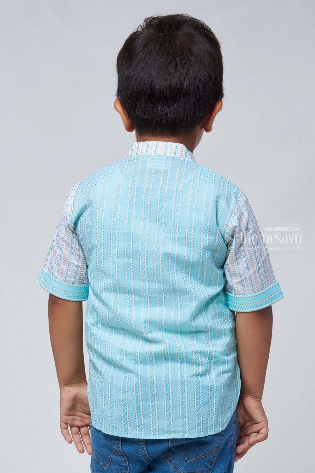 The Nesavu Boys Linen Shirt Azure Artistry: Boys Blue Shirt with Intricate Ikat Patterns, Mandarin Collar Nesavu Ikat Printed Boys Shirt | Premium Linen Shirt Online | The Nesavu