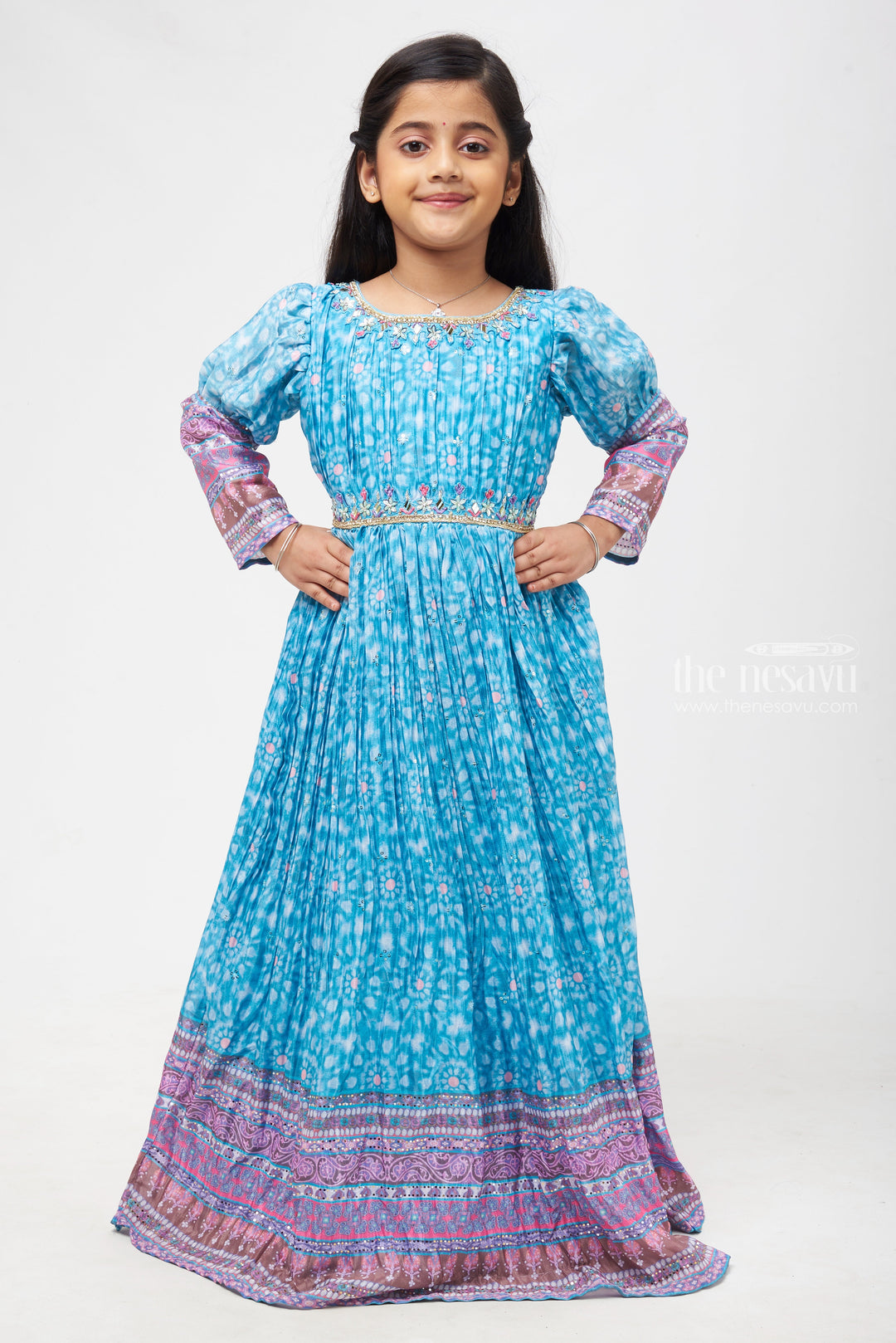 The Nesavu Girls Party Gown Azure Blooms: Stone Embroidered Floral Blue Anarkali for Girls- Premium Designer Dress Collections Nesavu 24 (5Y) / Green / Chinnon GA169A-24 Festive Diwali Anarkali Outfit | Kid’s Stylish Anarkali Dress | The Nesavu